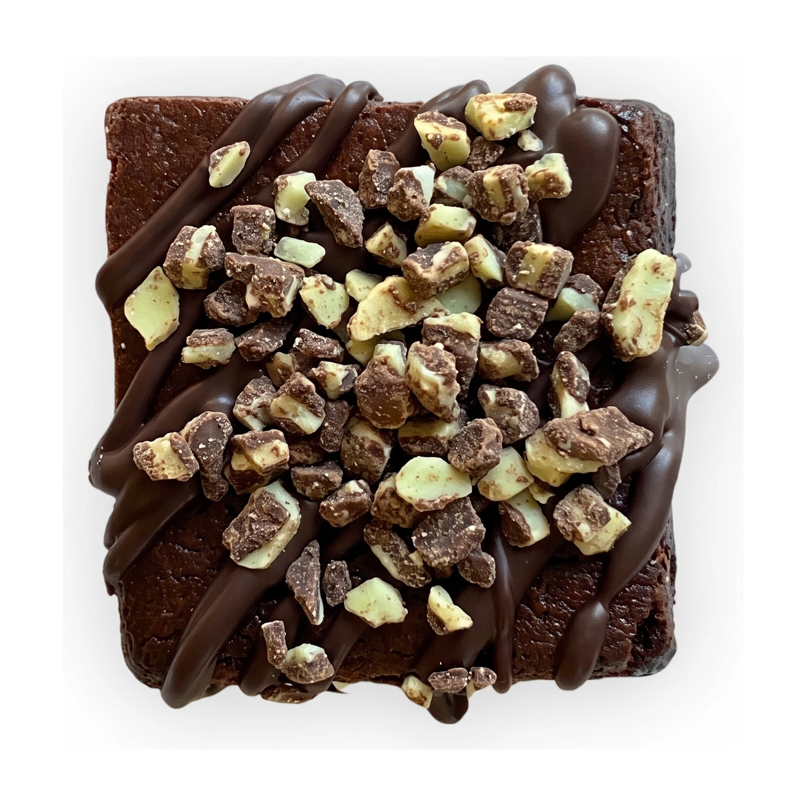 Andes Mint brownies topped with chocolate drizzle and chopped mint candies