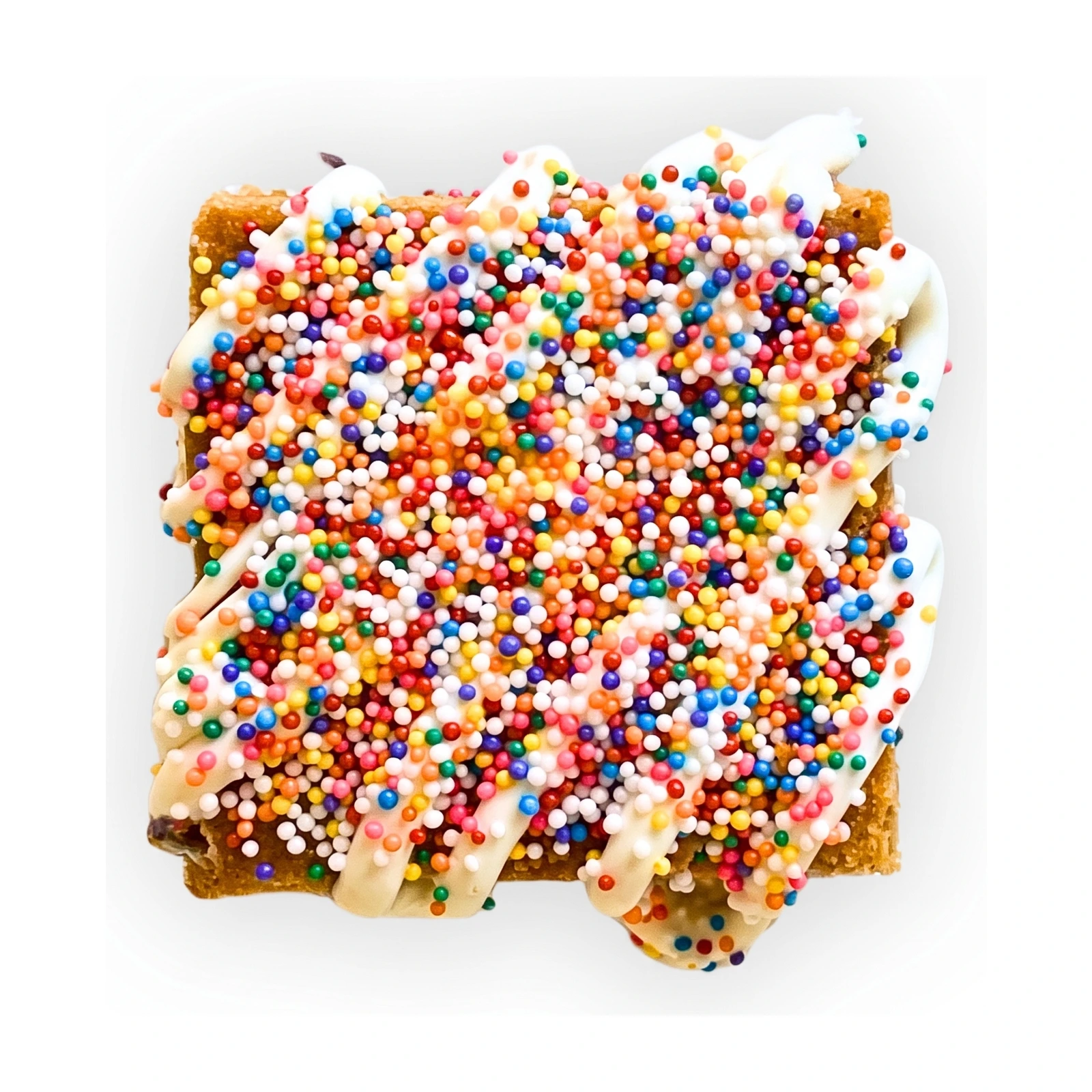 Celebration blondies covered in rainbow sprinkles and vanilla icing