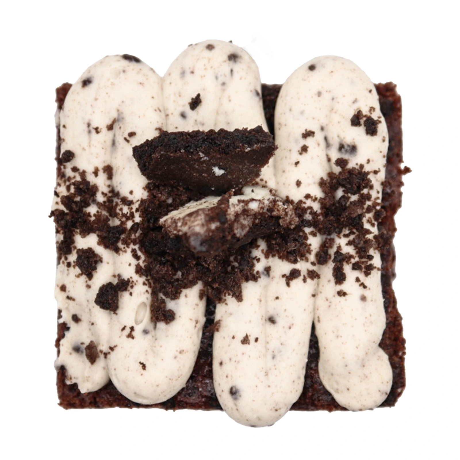 Cookies and cream brownies coated in dark cookie crumble with vanilla cream pockets