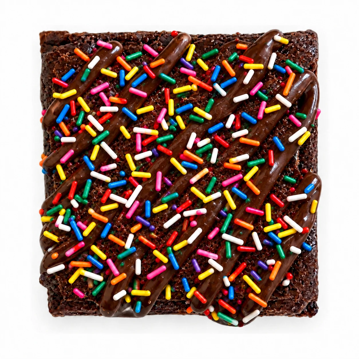 Cosmic brownie topped with dark chocolate drizzle and rainbow sprinkles
