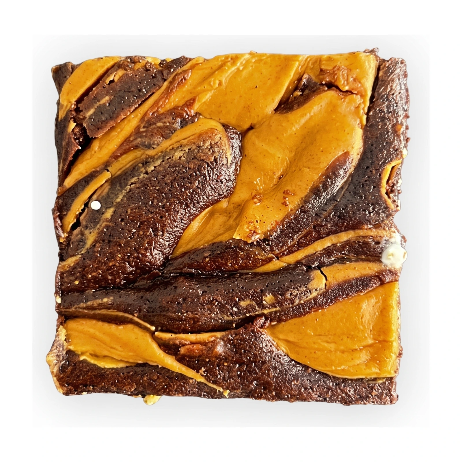 Peanut butter brownies with thick peanut butter swirls on a dark plate