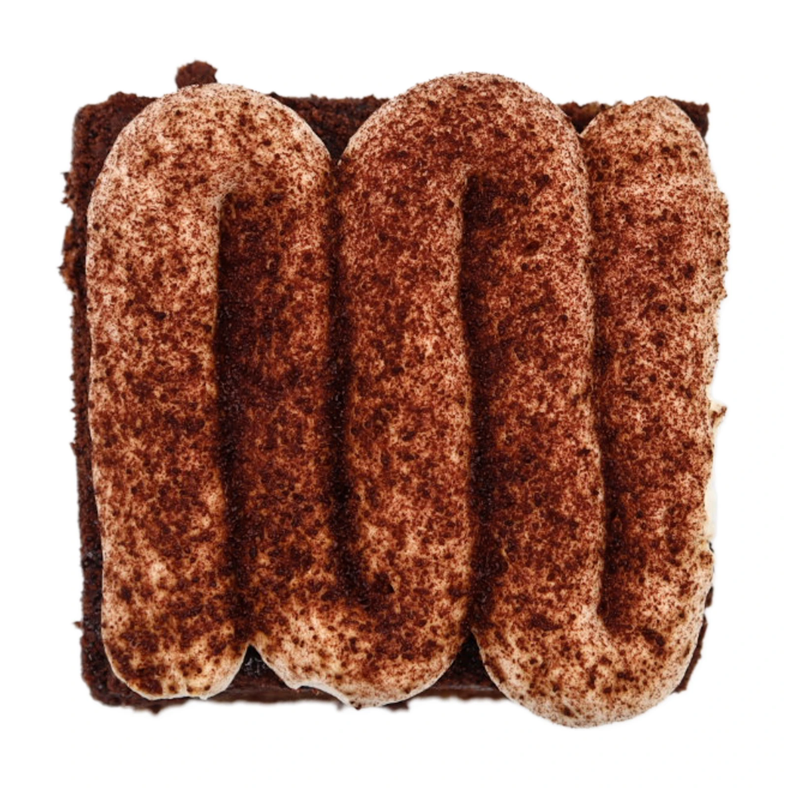 Tiramisu brownies layered with ladyfingers and dusted with cocoa